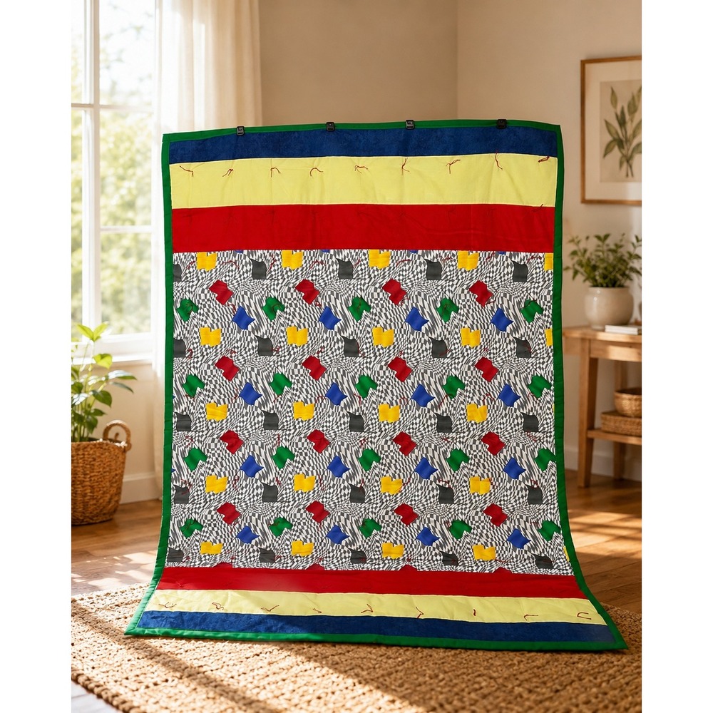 Vintage Handmade Race Car Patchowork Quilt Twin Size 80x54